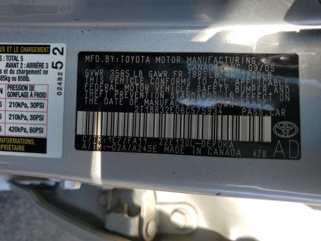 2T1BR32E06C575934 - 2006 TOYOTA COROLLA CE SILVER photo 12