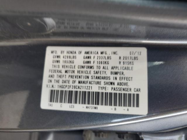 1HGCP2F39CA211221 - 2012 HONDA ACCORD LX GRAY photo 12