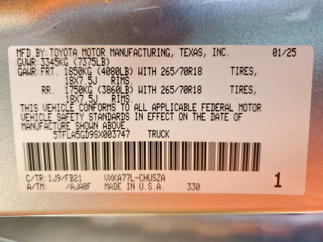 5TFLA5GD9SX003747 - 2025 TOYOTA TUNDRA DOUBLE CAB SR5 SILVER photo 12