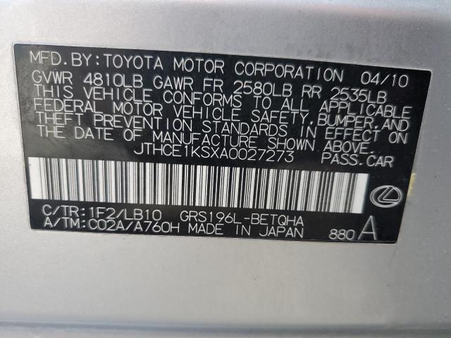 JTHCE1KSXA0027273 - 2010 LEXUS GS 350 SILVER photo 12