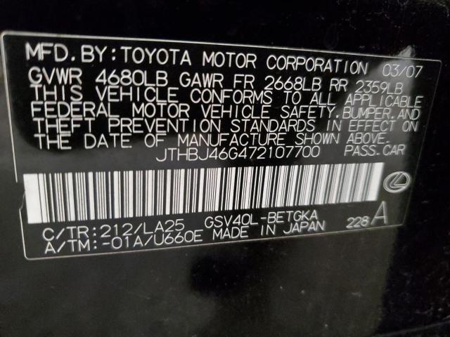 JTHBJ46G472107700 - 2007 LEXUS ES 350 BLACK photo 12