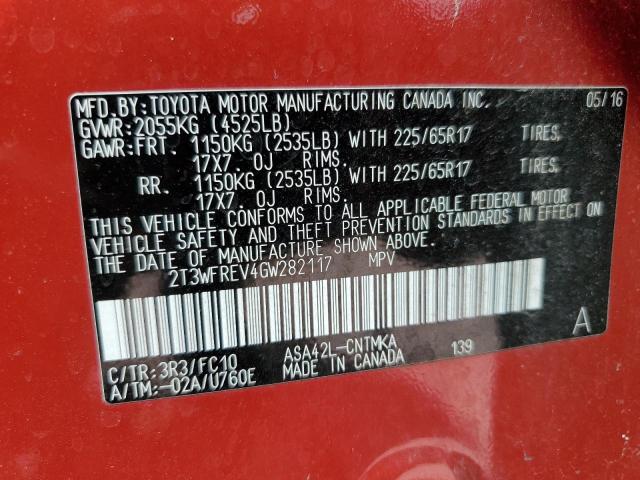 2T3WFREV4GW282117 - 2016 TOYOTA RAV4 XLE RED photo 13