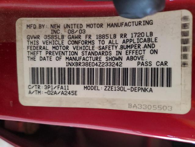 1NXBR38E04Z233242 - 2004 TOYOTA COROLLA CE 红色 照片 12