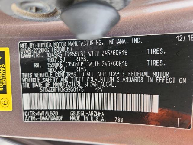 5TDJZRFH0KS950175 - 2019 TOYOTA HIGHLANDER SE Marron photo 14