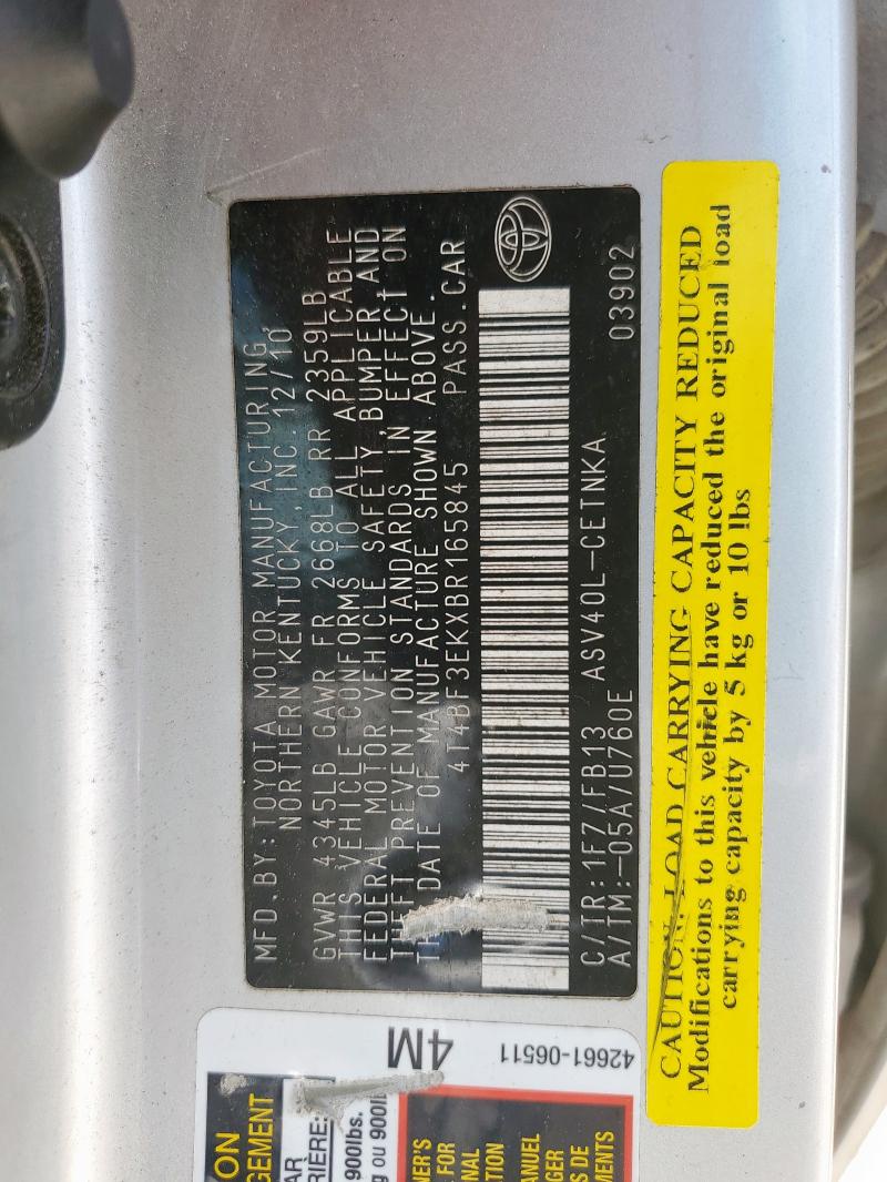 4T4BF3EKXBR165845 - 2011 TOYOTA CAMRY BASE ვერცხლისფერი ფოტო 12