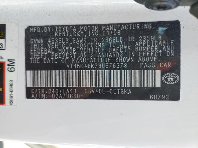 4T1BK46K78U576378 - 2008 TOYOTA CAMRY LE WHITE photo 12