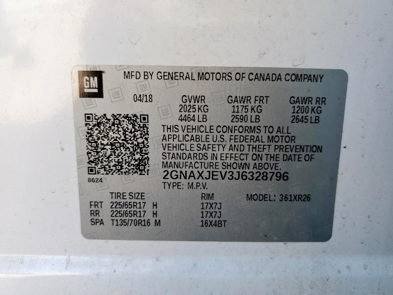 2GNAXJEV3J6328796 - 2018 CHEVROLET EQUINOX LT 白色 照片 14