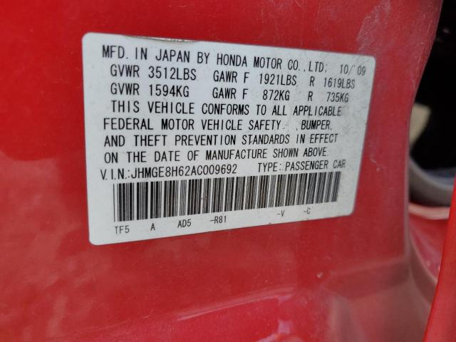 JHMGE8H62AC009692 - 2010 HONDA FIT SPORT RED photo 13