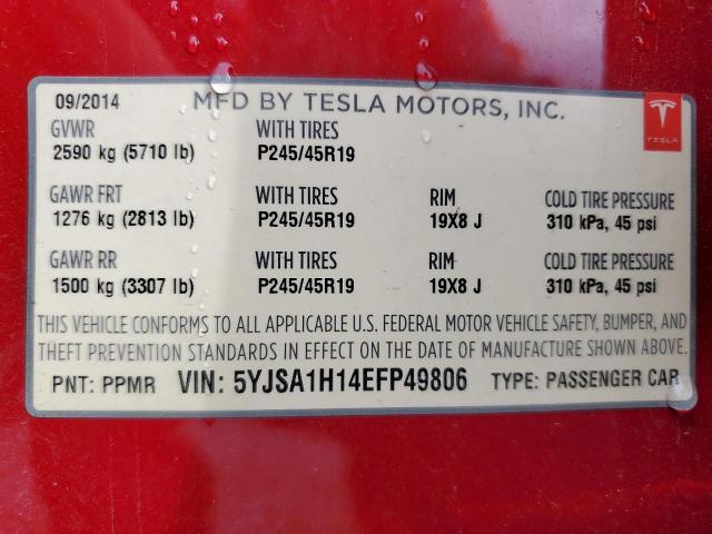 5YJSA1H14EFP49806 - 2014 TESLA MODEL S RED photo 13