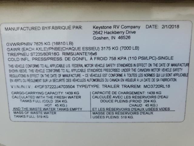 4YDF37222J4703504 - 2018 KEYSTONE MONTANA Crème photo 10