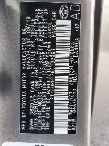 2T1BURHE7KC182984 - 2019 TOYOTA COROLLA L ნაცრისფერი ფოტო 13