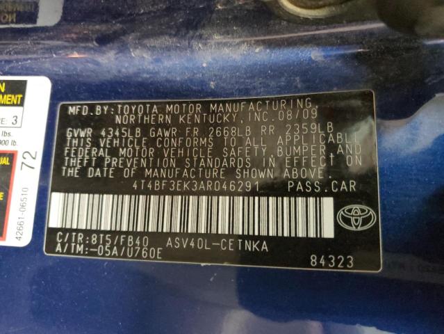 4T4BF3EK3AR046291 - 2010 TOYOTA CAMRY BASE BLUE photo 12