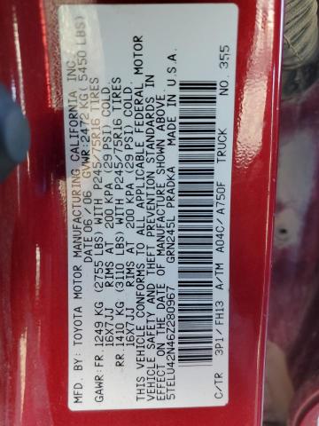 5TELU42N46Z280967 - 2006 TOYOTA TACOMA DOUBLE CAB Rojo foto 12
