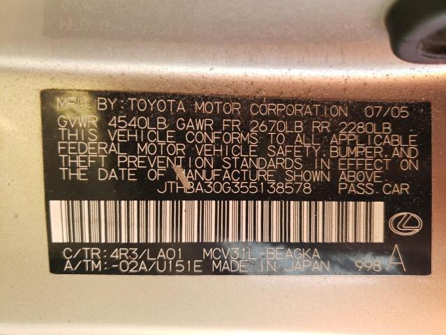 JTHBA30G355138578 - 2005 LEXUS ES 330 BEIGE photo 12