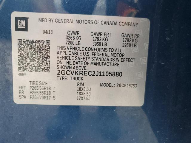 2GCVKREC2J1105880 - 2018 CHEVROLET SILVERADO K1500 LT 蓝色 照片 12