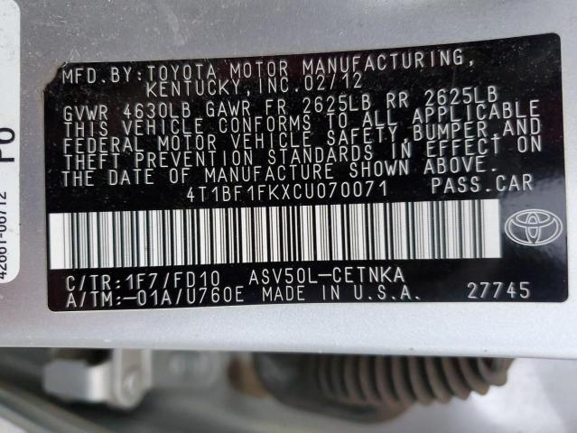 4T1BF1FKXCU070071 - 2012 TOYOTA CAMRY BASE SILVER photo 12