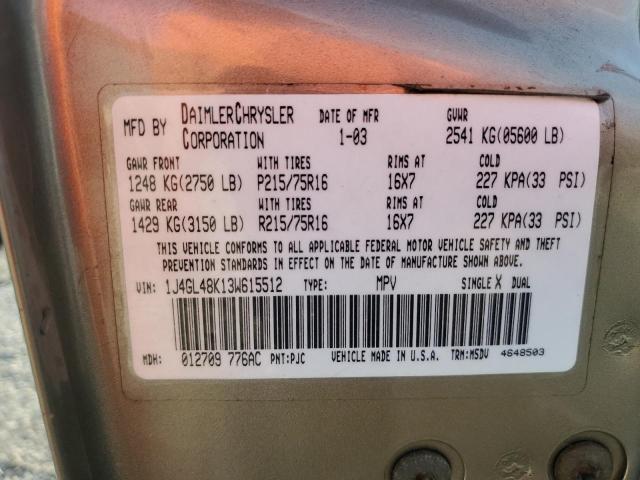 1J4GL48K13W615512 - 2003 JEEP LIBERTY SPORT თაფლისფერი ფოტო 13