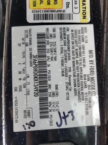 3FA6P0HD0KR134920 - 2019 FORD FUSION SE BLACK photo 12