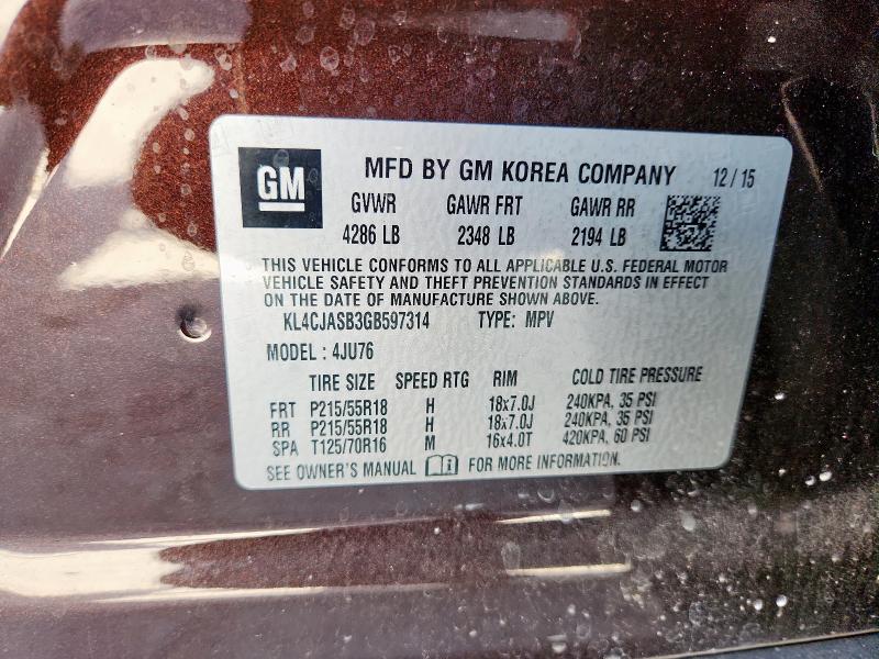 KL4CJASB3GB597314 - 2016 BUICK ENCORE შავი ფოტო 13