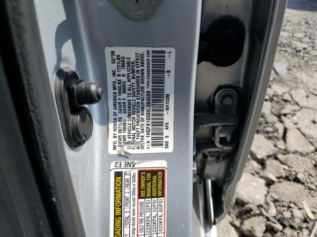 1HGFA16586L064599 - 2006 HONDA CIVIC LX SILVER photo 12