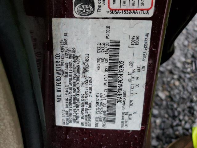 3FAHP0HA9CR432902 - 2012 FORD FUSION SE BURGUNDY photo 12