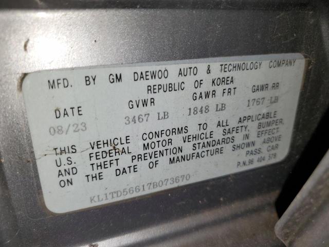 KL1TD56617B073670 - 2007 CHEVROLET AVEO BASE Gri fotoğraf 12