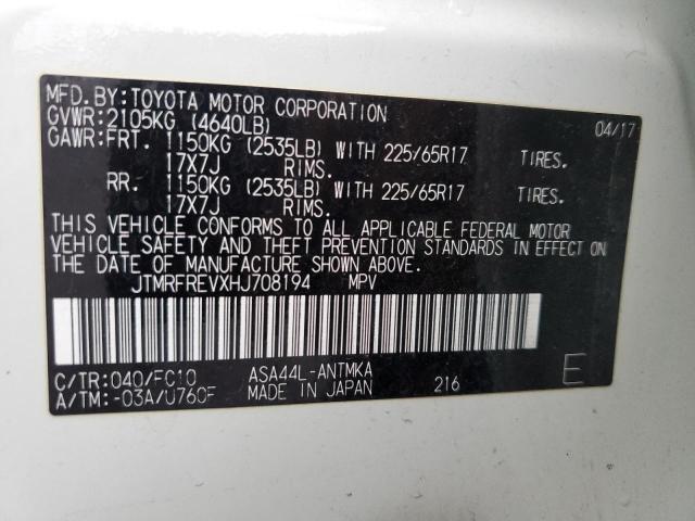 JTMRFREVXHJ708194 - 2017 TOYOTA RAV4 XLE WHITE photo 12