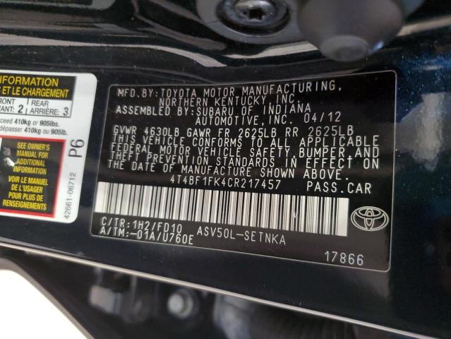 4T4BF1FK4CR217457 - 2012 TOYOTA CAMRY BASE BLACK photo 13