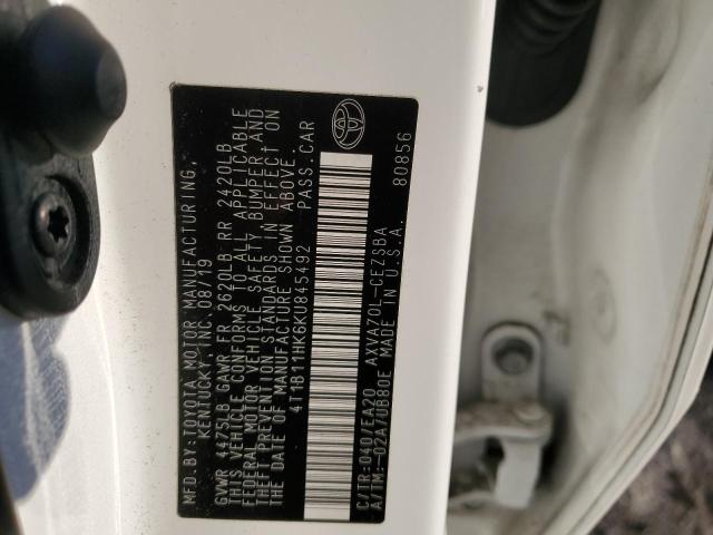 4T1B11HK6KU845492 - 2019 TOYOTA CAMRY L WHITE photo 12