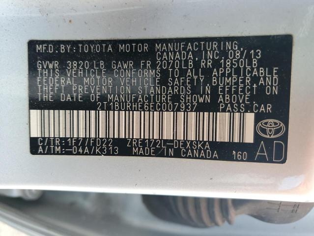 2T1BURHE6EC007937 - 2014 TOYOTA COROLLA L SILVER photo 12