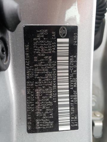 4T1C11BK4NU049762 - 2022 TOYOTA CAMRY LE SILVER photo 12
