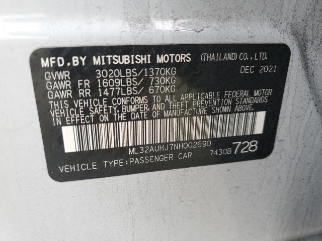 ML32AUHJ7NH002690 - 2022 MITSUBISHI MIRAGE ES WHITE photo 13