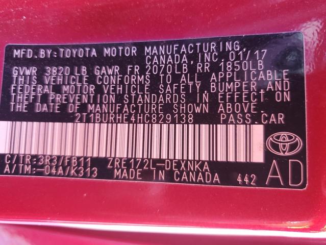 2T1BURHE4HC829138 - 2017 TOYOTA COROLLA L RED photo 13