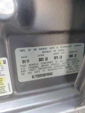 KL1TD5DE5BB195483 - 2011 CHEVROLET AVEO LS ნაცრისფერი ფოტო 12