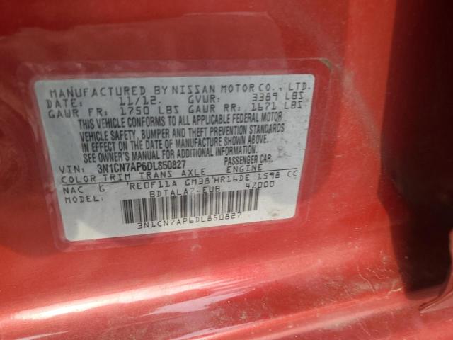 3N1CN7AP6DL850827 - 2013 NISSAN VERSA S RED photo 12