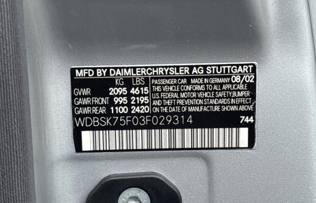 WDBSK75F03F029314 - 2003 MERZ SL 500R SILVER photo 10