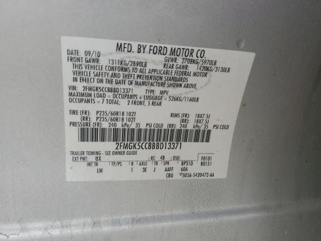 2FMGK5CC8BBD13371 - 2011 FORD FLEX SEL SILVER photo 12