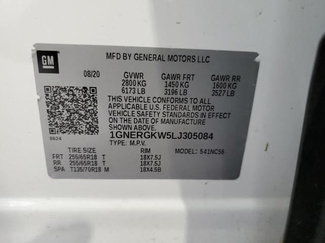 1GNERGKW5LJ305084 - 2020 CHEVROLET TRAVERSE LT WHITE photo 13