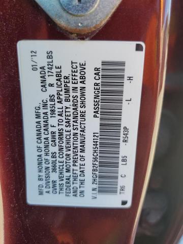 2HGFB2F56CH544121 - 2012 HONDA CIVIC LX MAROON photo 12