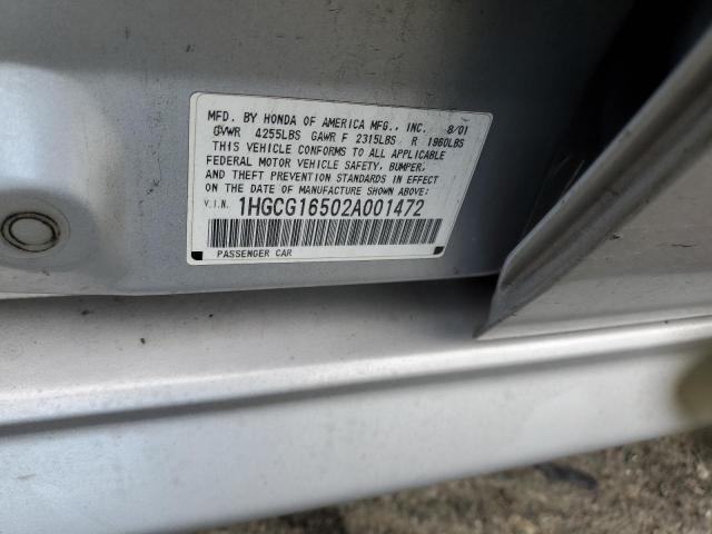 1HGCG16502A001472 - 2002 HONDA ACCORD EX SILVER photo 12