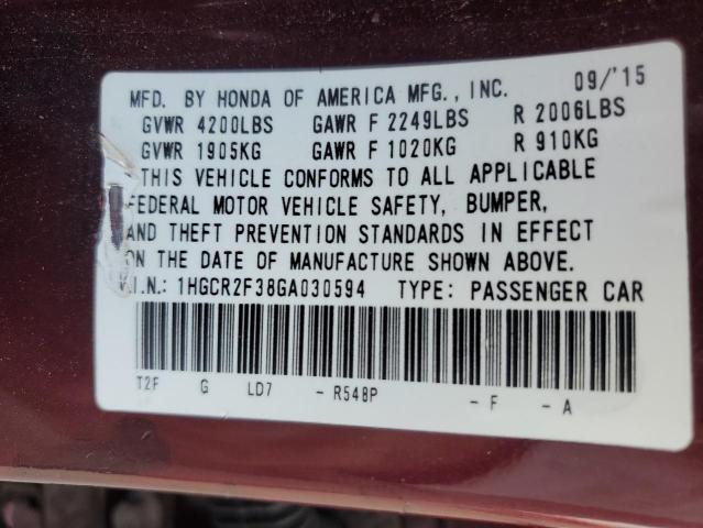 1HGCR2F38GA030594 - 2016 HONDA ACCORD LX BURGUNDY photo 12