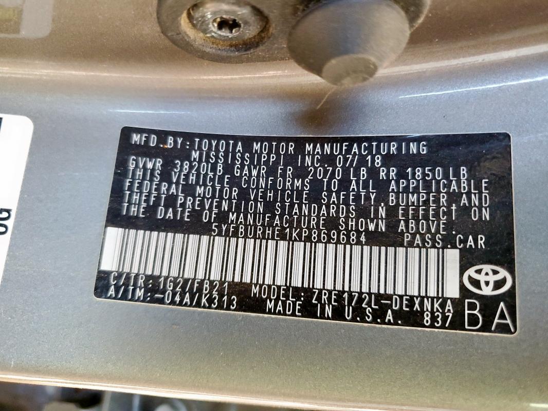 5YFBURHE1KP869684 - 2019 TOYOTA COROLLA L GRAY photo 12