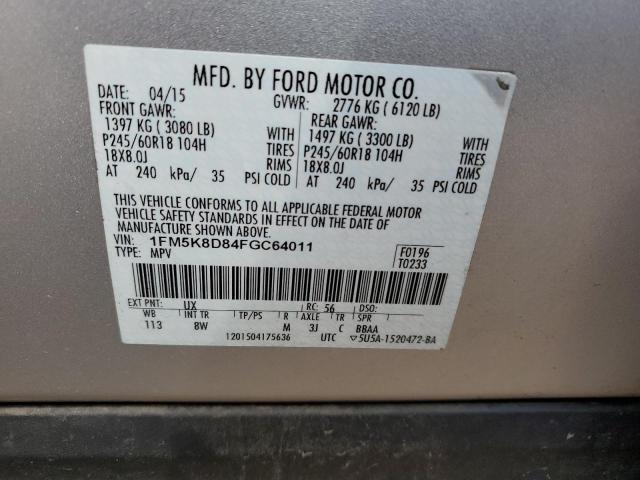1FM5K8D84FGC64011 - 2015 FORD EXPLORER XLT SILVER photo 14