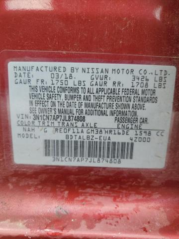 3N1CN7AP7JL874808 - 2018 NISSAN VERSA S 红色 照片 12