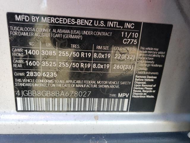 4JGBB8GB8BA678027 - 2011 MERCEDES-BENZ ML 350 4MATIC SILVER photo 13