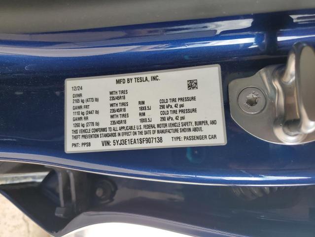 5YJ3E1EA1SF907138 - 2025 TESLA MODEL 3 Azul foto 12