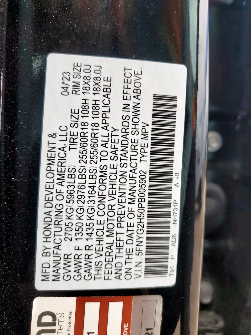 5FNYG2H50PB005902 - 2023 HONDA PILOT EXL أسود صورة 14