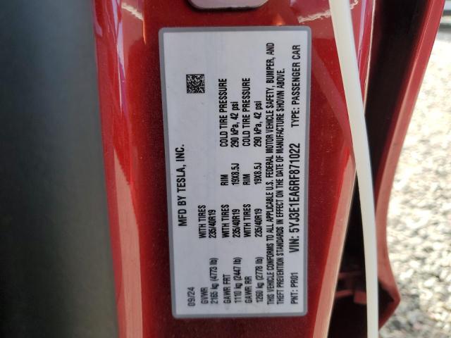 5YJ3E1EA6RF871022 - 2024 TESLA MODEL 3 წითელი ფოტო 13