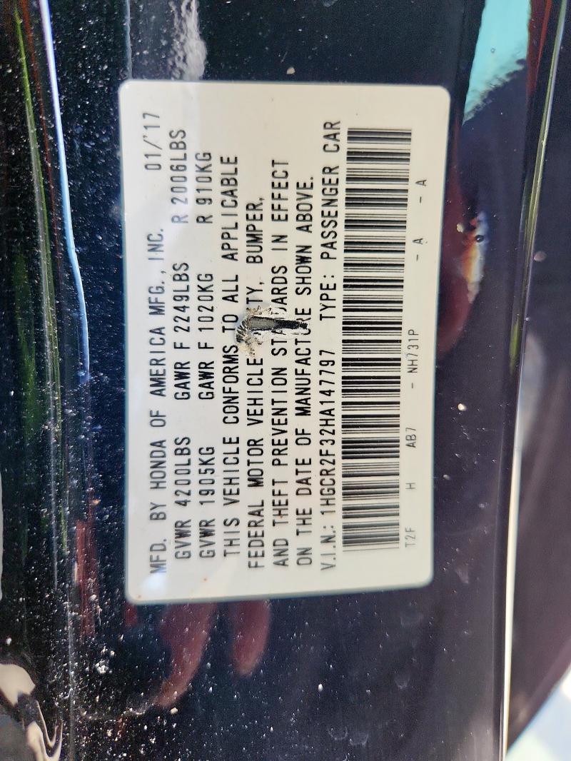 1HGCR2F32HA147797 - 2017 HONDA ACCORD LX შავი ფოტო 12