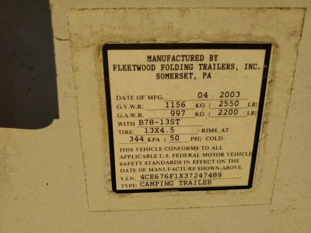 4CE676F1X37247489 - 2003 COLEMAN CAMPER WHITE photo 10